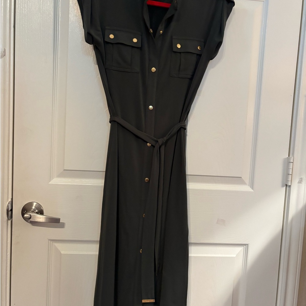 Michael Kors Dark Olive Green Sleeveless Tie Front Maxi Dress